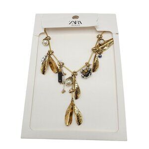 Zara Gold Tone Necklace Mixed Charms Leaf Flower Faux Pearl 4736/322/303